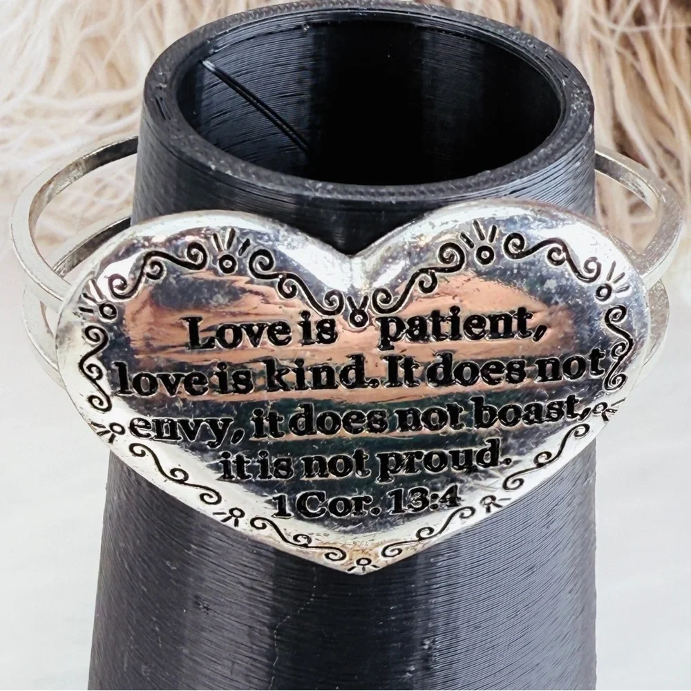 Silvertone Heart Cuff Bracelet with Inspirational Quote
